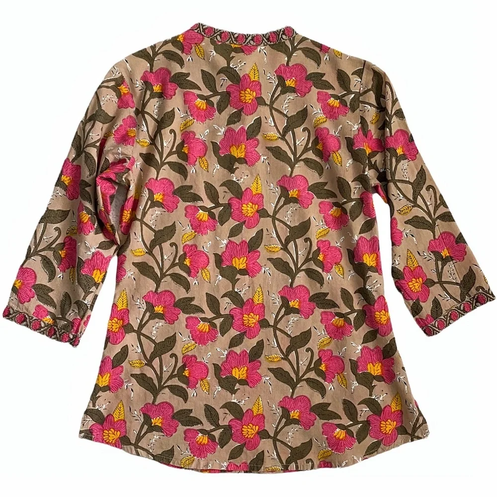 Akkriti 100% cotton floral blouse 3/4 sleeve, pink tan yellow - Picture 2 of 11